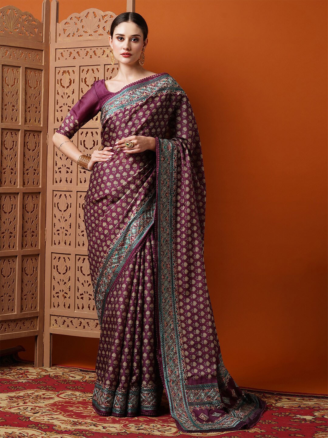 

Anouk Burgundy & Blue Bagh Printed Embroidered Art Silk Saree