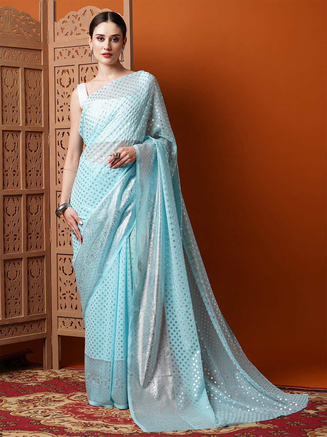 

Anouk Rustic Blue & Silver-Toned Ethnic Motifs Printed Pure Georgette Saree