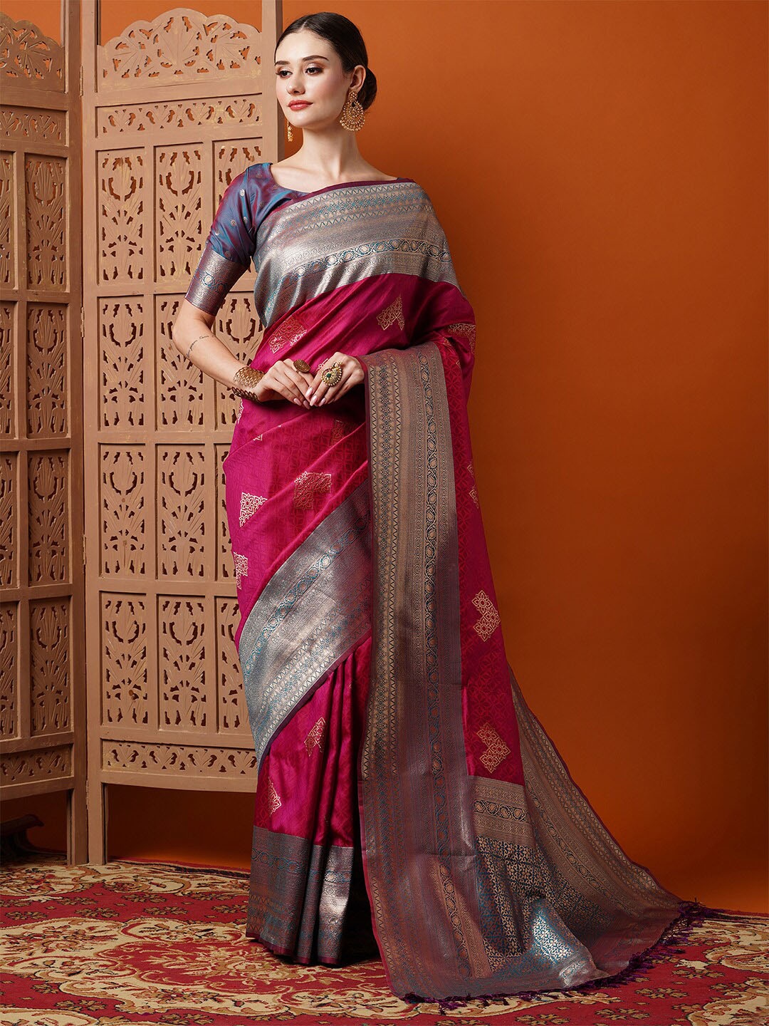 

Anouk Pink & Blue Woven Design Zari Banarasi Saree