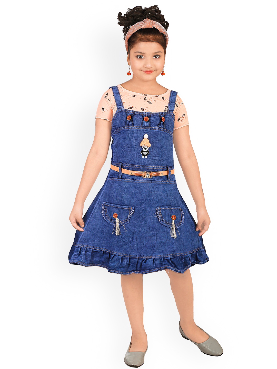 

CELEBRITY CLUB Girls Dungaree With Printed T-Shirt, Blue