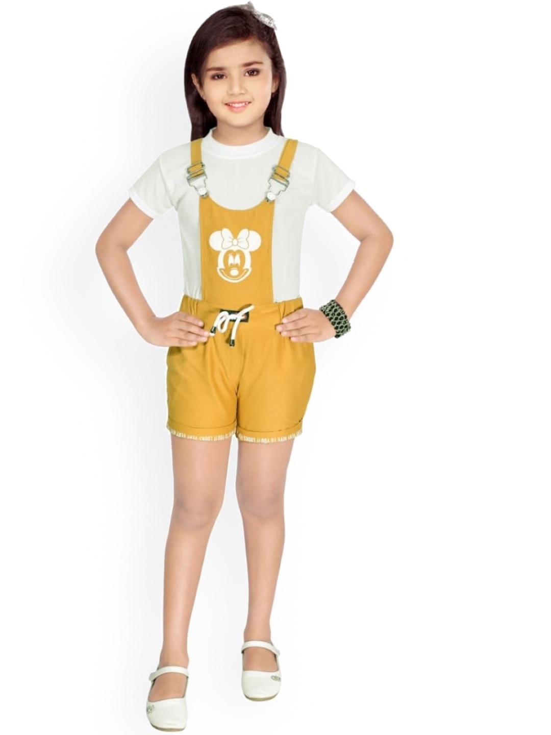 

CELEBRITY CLUB Girls Minni Printed Dungaree With T-Shirt, Yellow