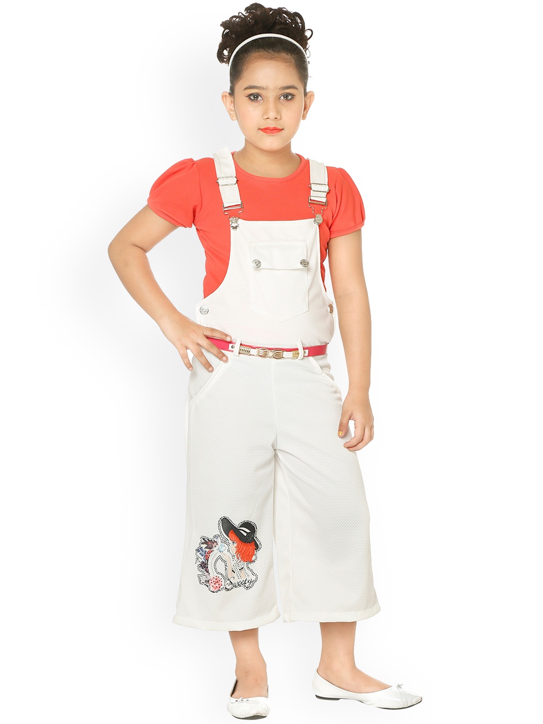 

CELEBRITY CLUB Girls Printed Dungaree With Top, White