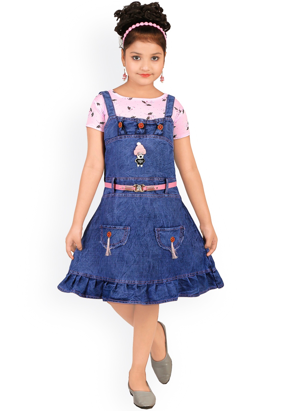 

CELEBRITY CLUB Girls Dungaree With Printed T-Shirt, Blue