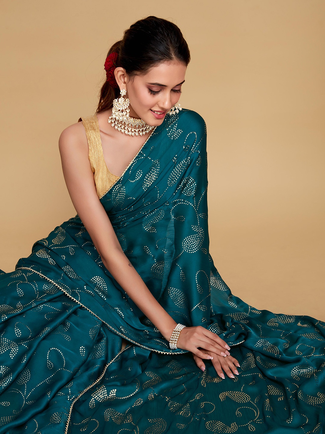 

Sangria Teal Green Floral Embellished Saree, Turquoise blue