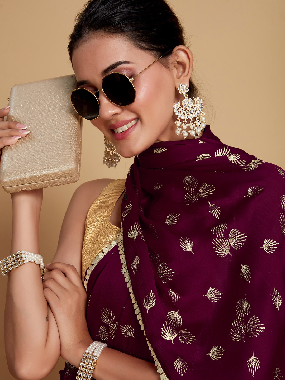 

Sangria Magenta Floral Foil Printed Saree