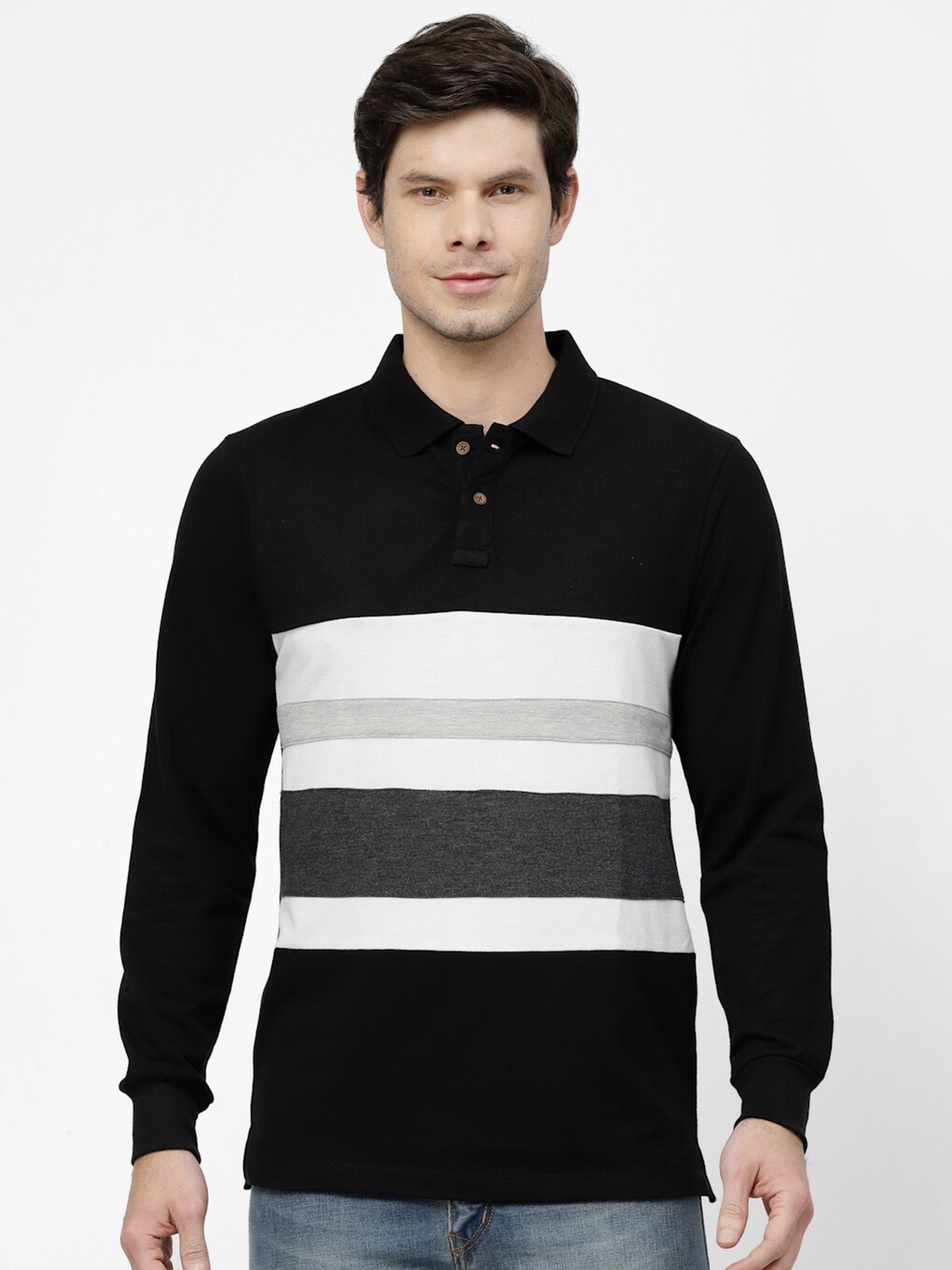 

Kalt Striped Polo Collar Cotton Casual T-shirt, Black