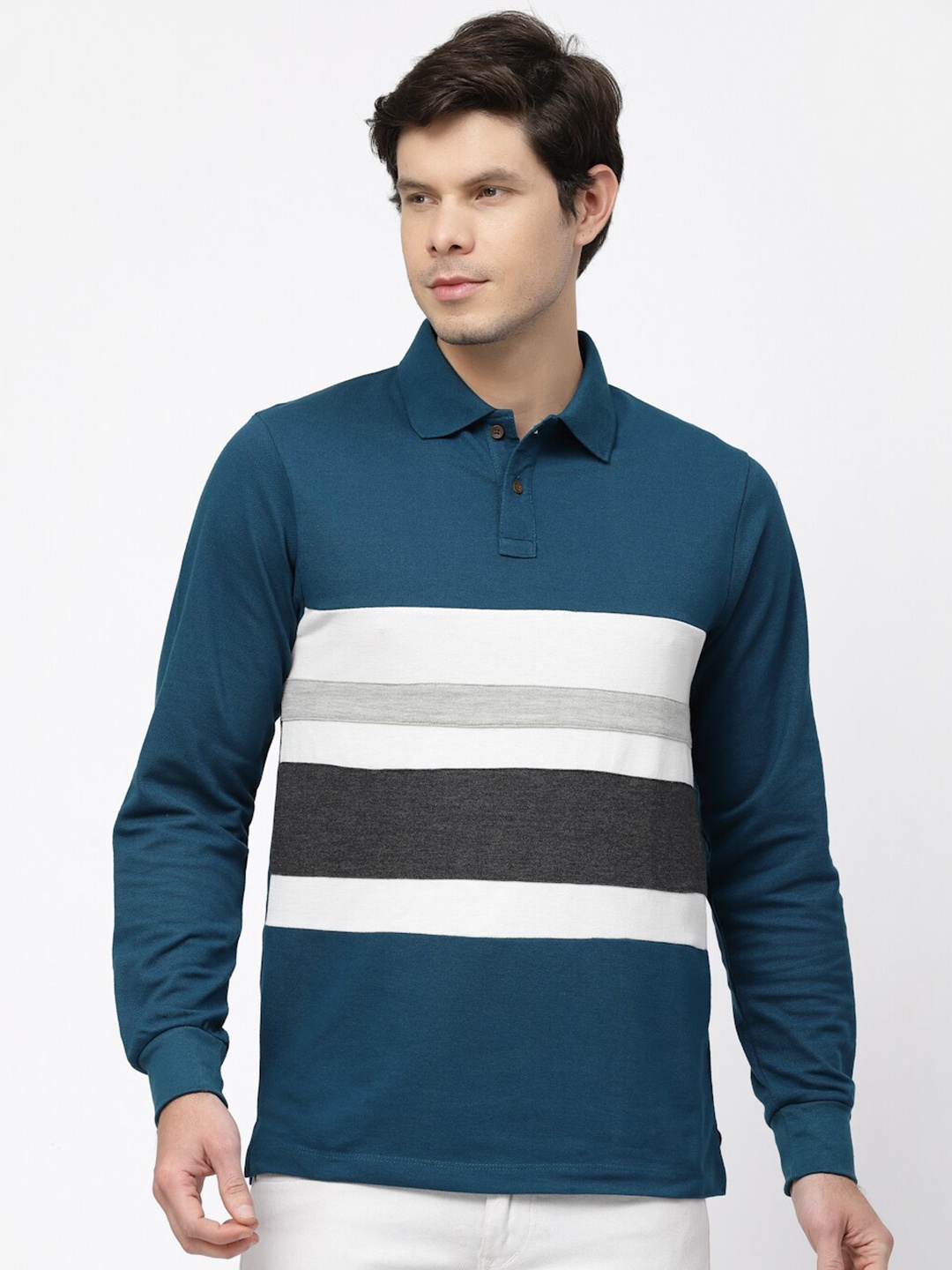 

Kalt Striped Polo Collar Cotton Casual T-shirt, Teal