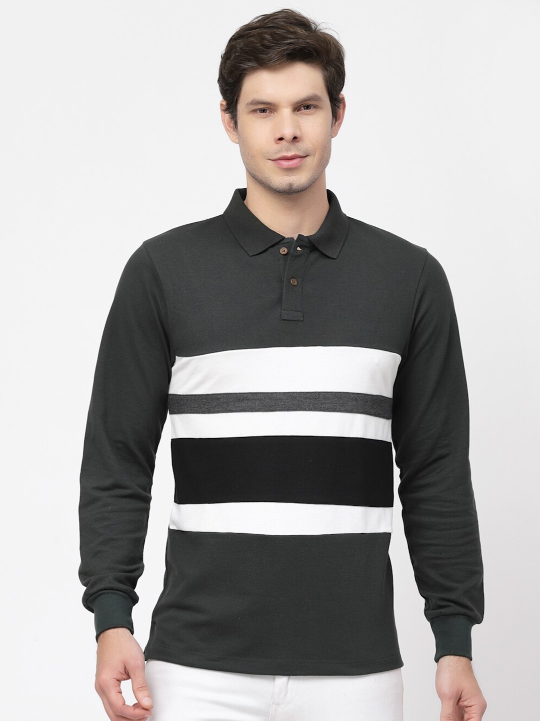 

Kalt Striped Polo Collar Cotton Casual T-shirt, Black