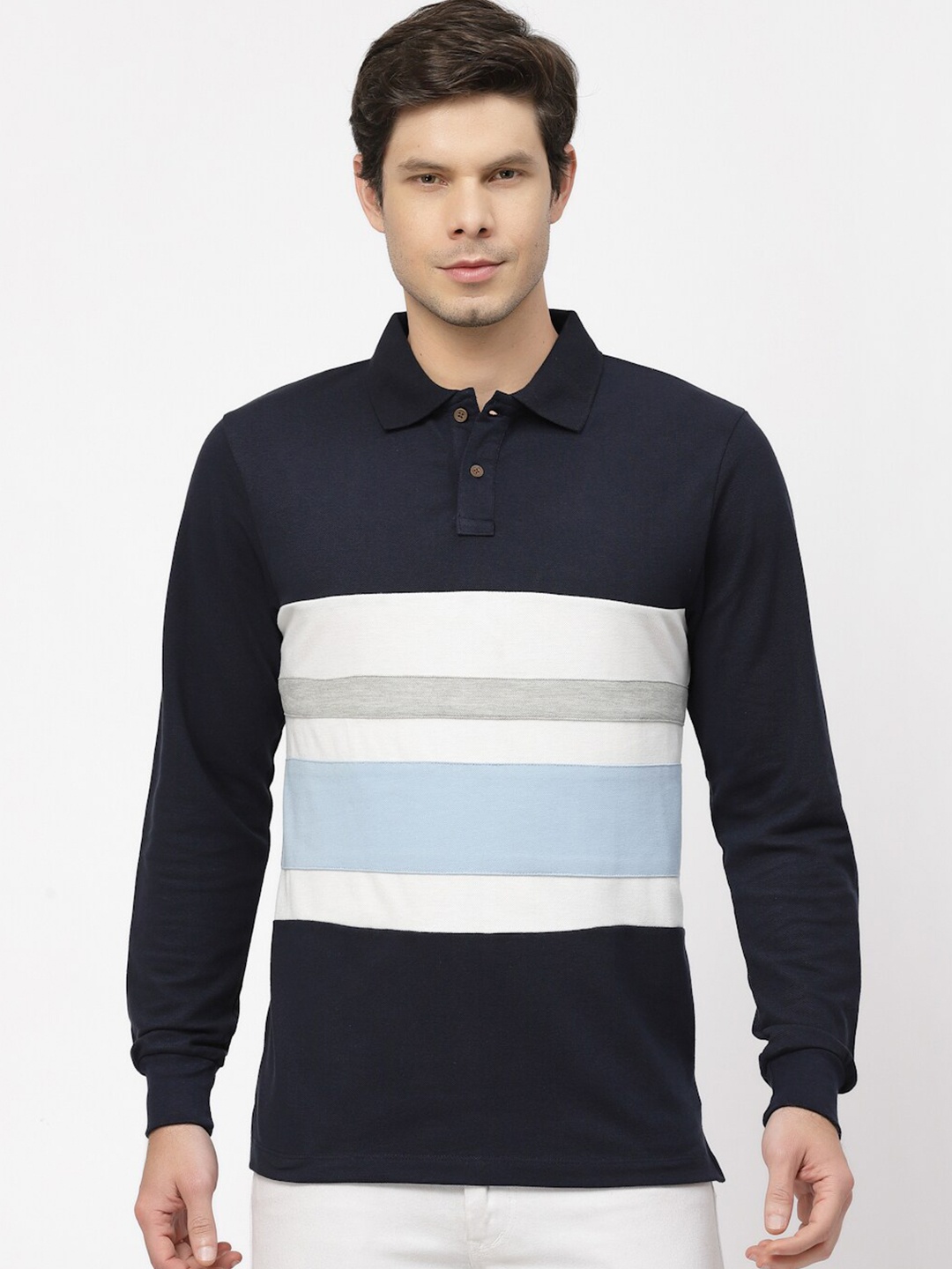 

Kalt Striped Polo Collar Cotton Casual T-shirt, Navy blue