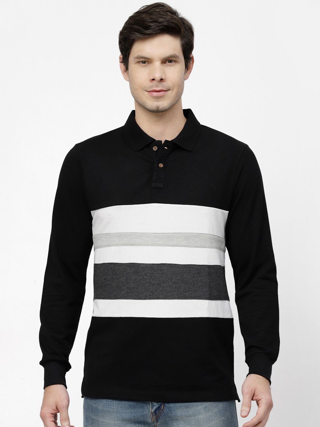 

Kalt Striped Polo Collar Cotton Casual T-shirt, Black