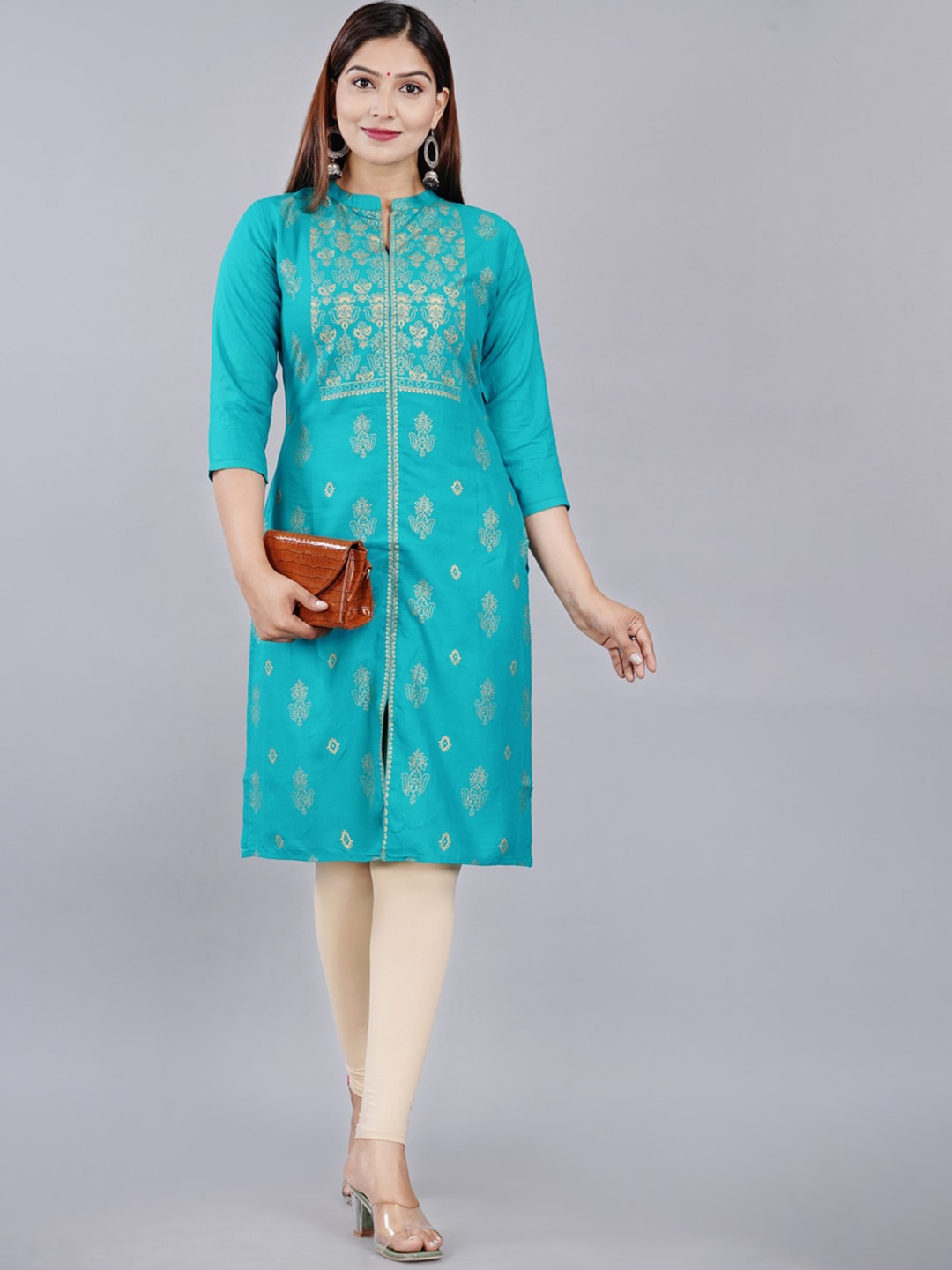 

KALINI EThnic Motif Printed Mandarin Collar Straight Kurta, Turquoise blue