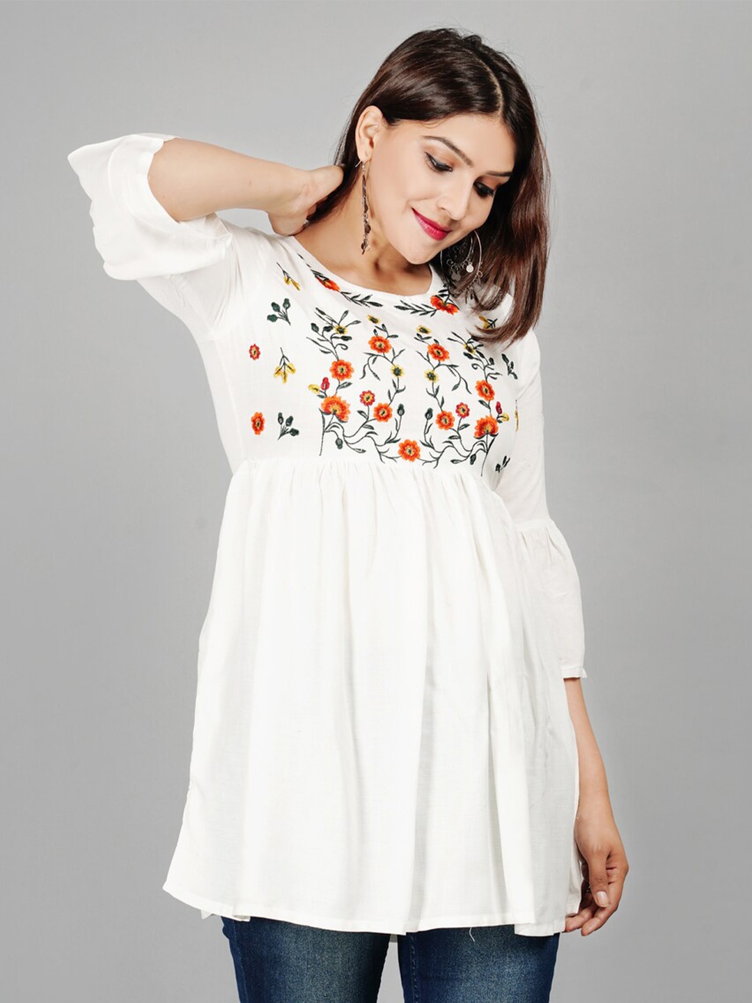 

KALINI Floral Embroidered Bell Sleeves Longline A-Line Top, White