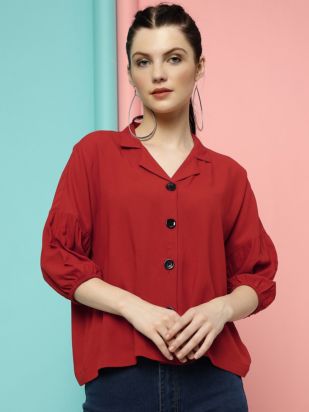 

J Turritopsis Classic Cuban Collar Boxy Casual Shirt, Red