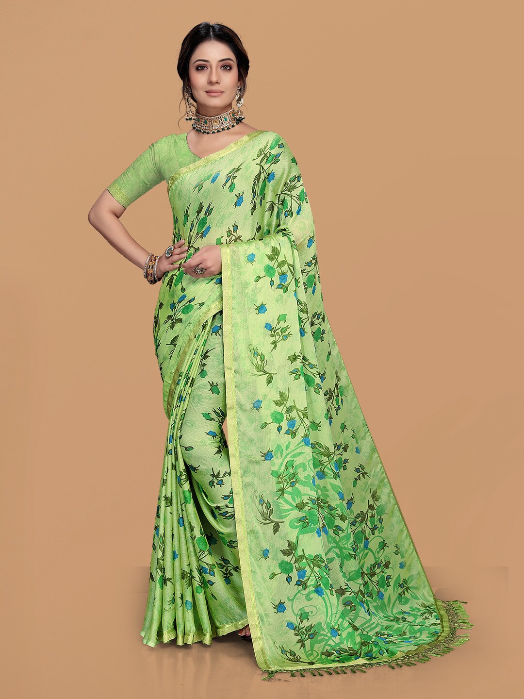 

KALINI Green & Blue Floral Pure Chiffon Saree