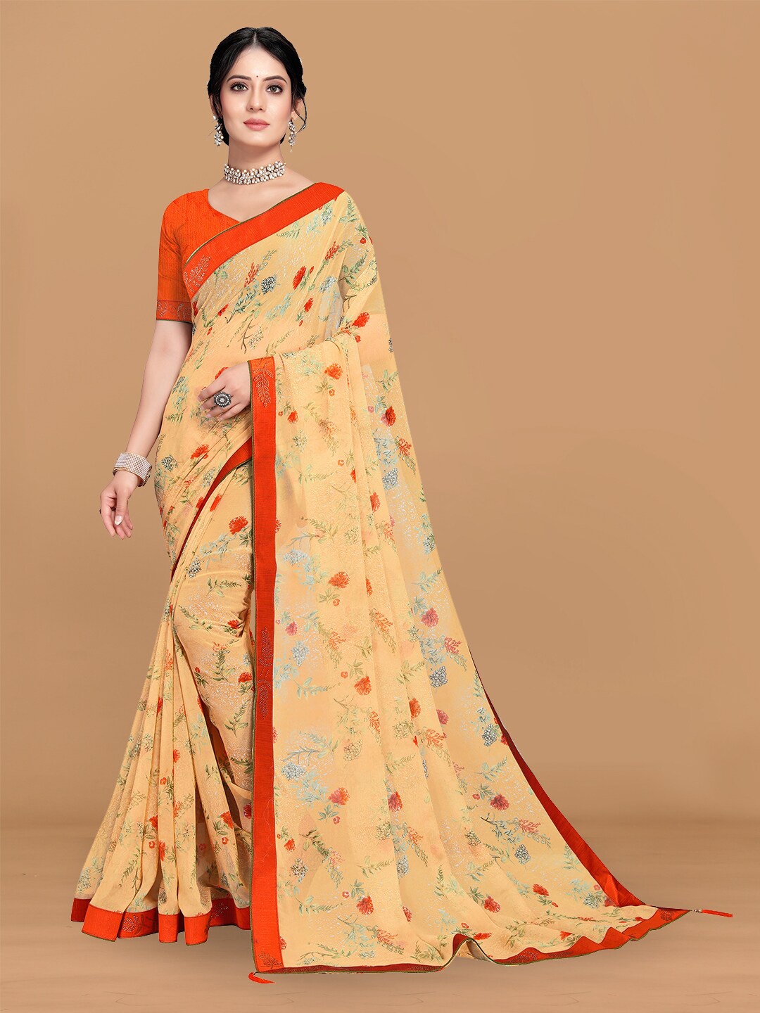 

KALINI Floral Printed Beads and Stones Pure Chiffon Saree, Orange