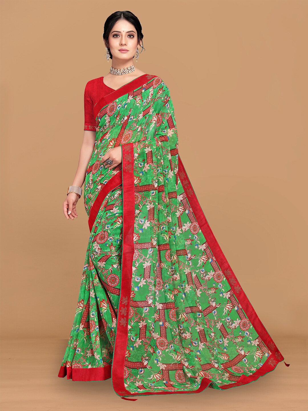 

KALINI Ethnic Motifs Prinetd Pure Chiffon Saree, Green