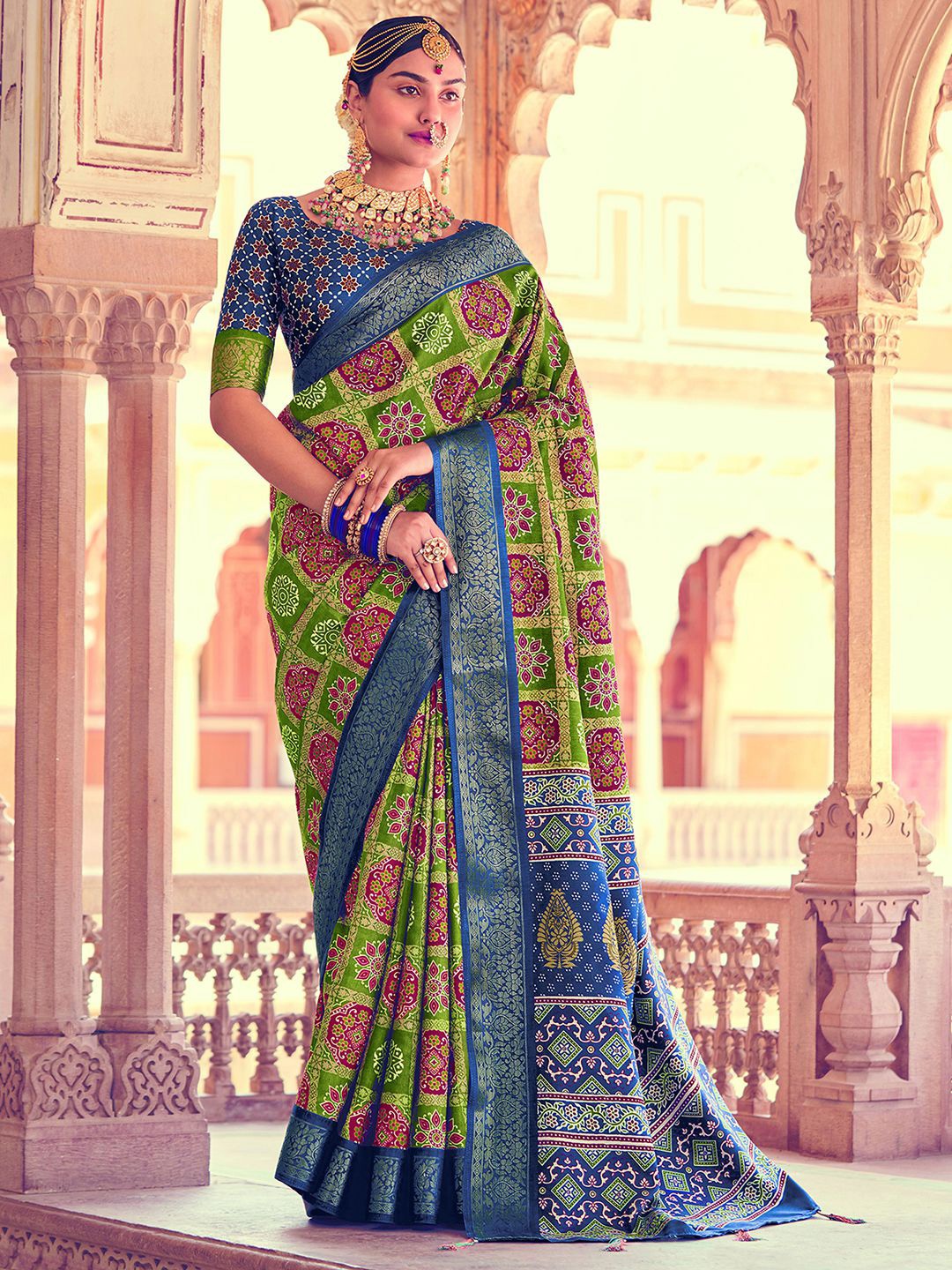 

Mitera Lime Green & Blue Bandhani Zari Silk Blend Bandhani Saree