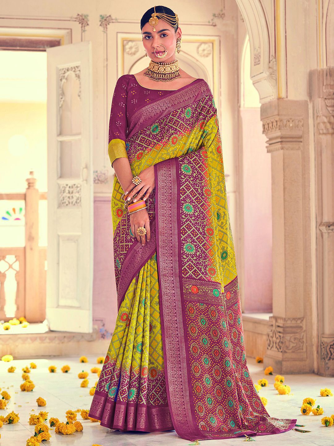 

Mitera Printed Zari Bandhani Saree, Lime green