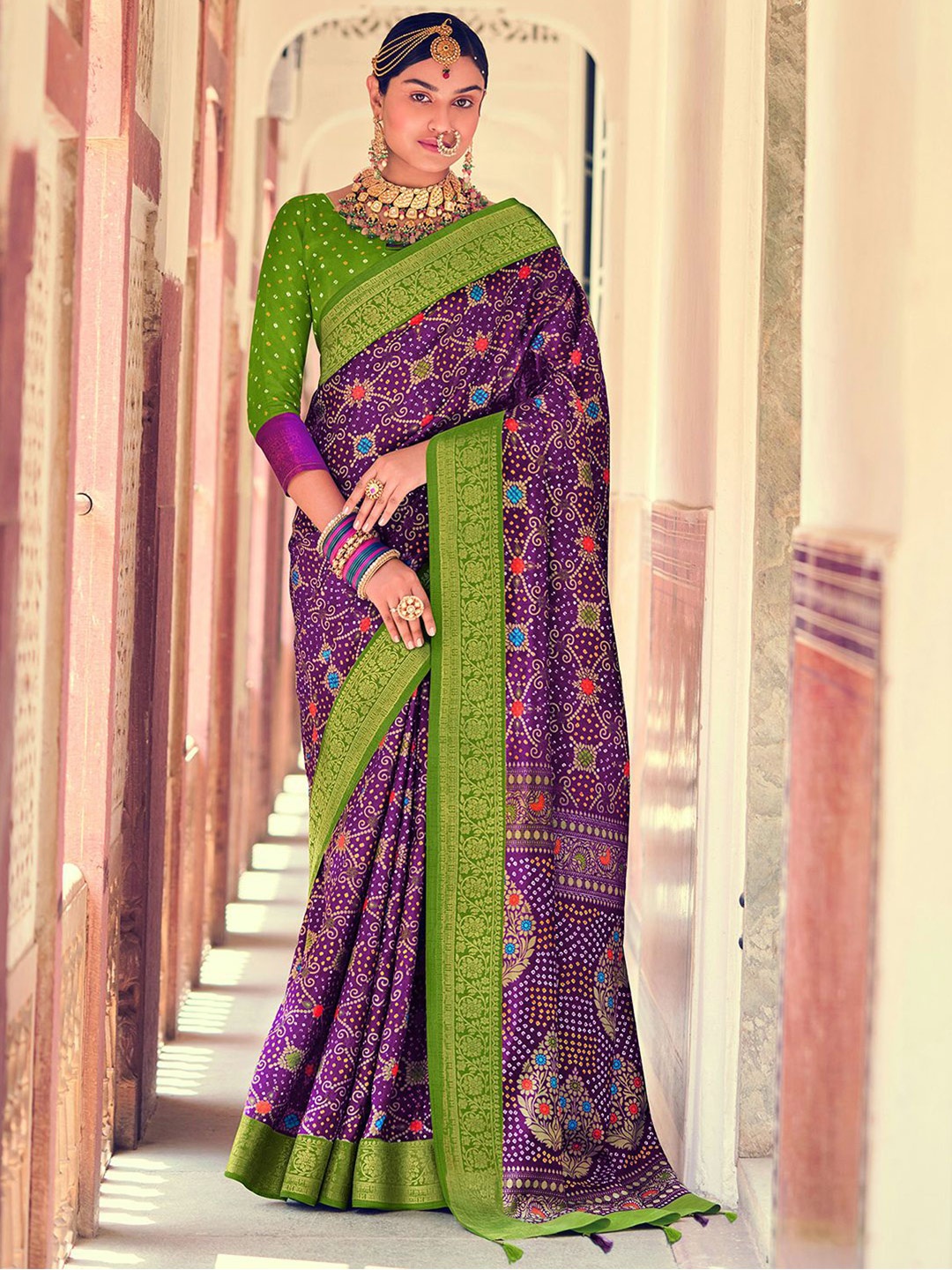 

Mitera Purple & Green Bandhani Printed Zari Bandhani Saree