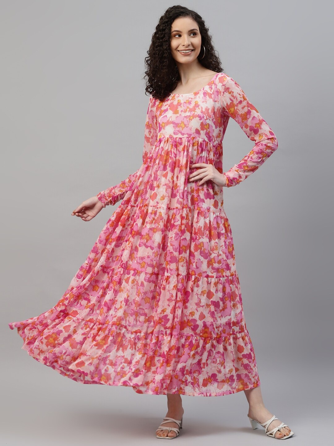 

DEEBACO Floral Printed Round Neck Tiered Georgette Maxi Dress, Pink