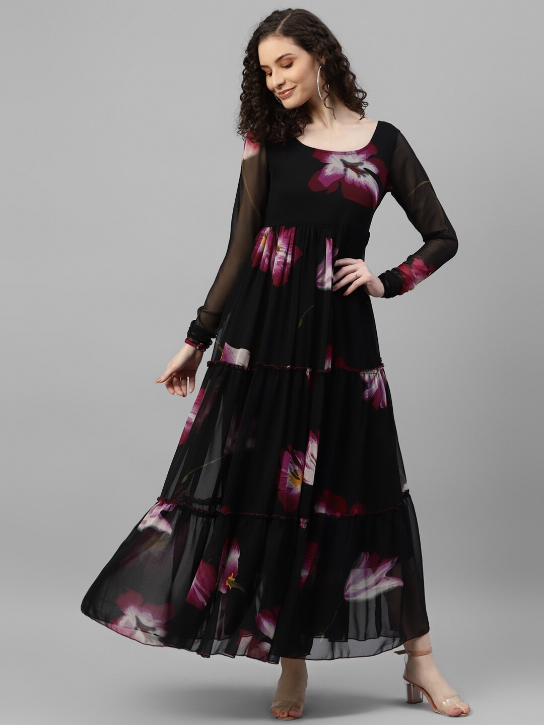 

DEEBACO Floral Printed Round Neck Tiered Georgette Maxi Dress, Black