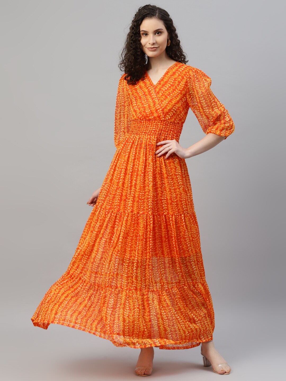 

DEEBACO Floral Printed Smocked Tiered Chiffon Maxi Dress, Orange