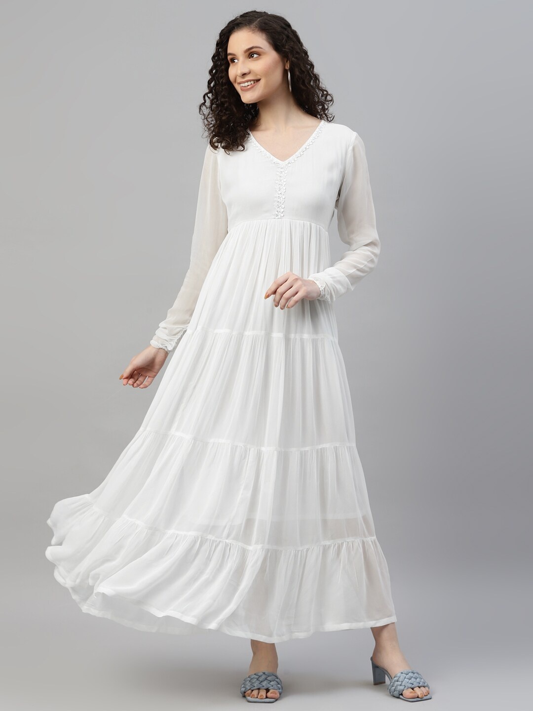 

DEEBACO V-Neck Long Sleeves Tiered Fit & Flare Maxi Dress, White