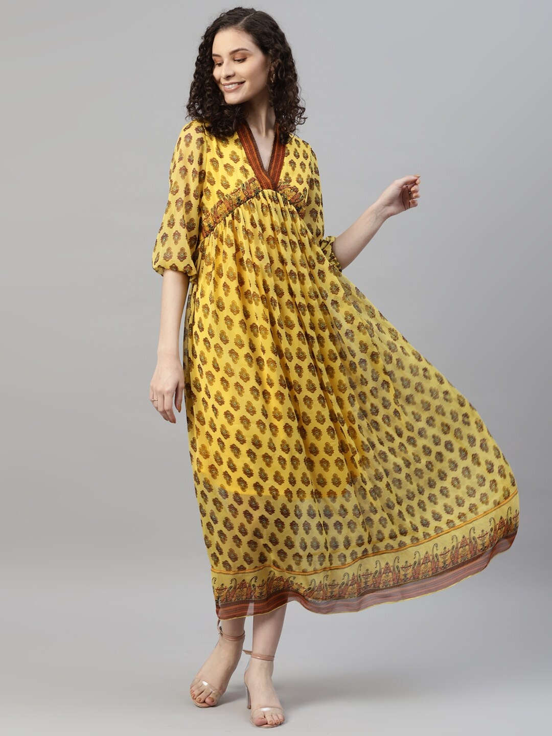 

DEEBACO Ethnic Motifs Printed Chiffon Empire Midi Dress, Yellow