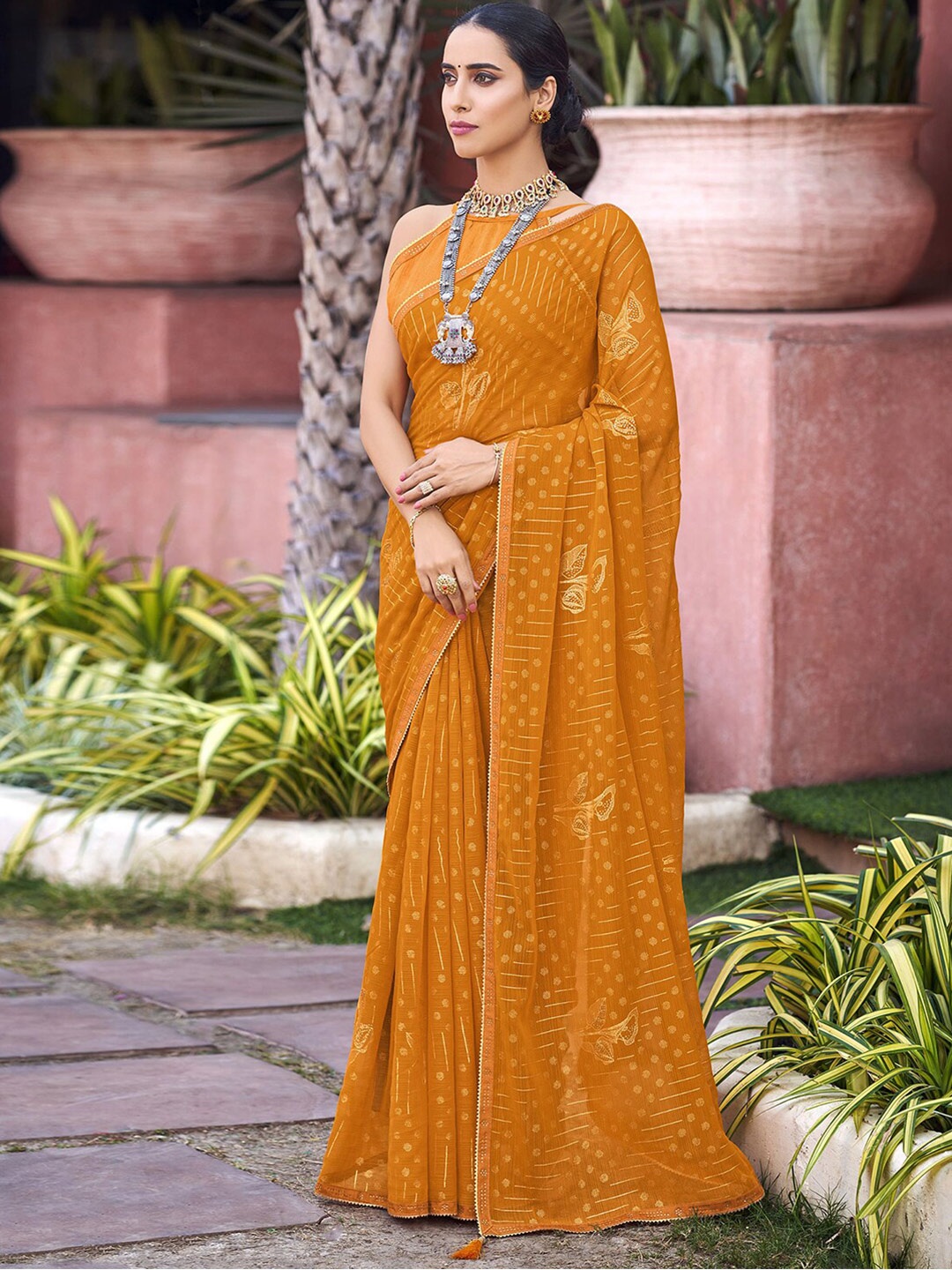 

Satrani Floral Chiffon Saree, Mustard