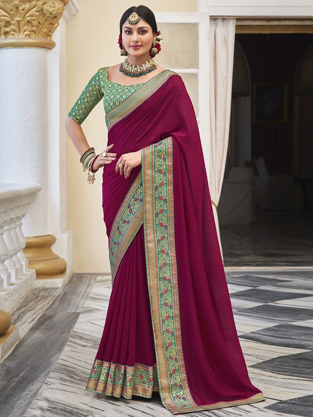 

Satrani Zari Silk Blend Saree, Burgundy