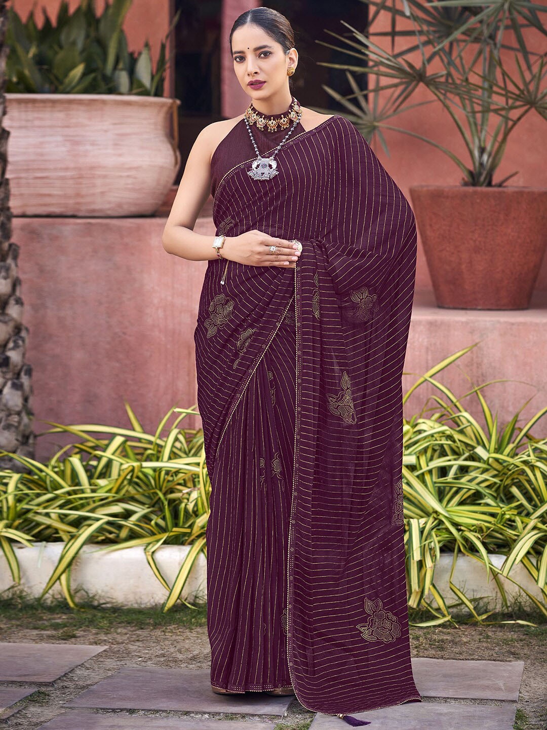 

Satrani Striped Zari Saree, Purple