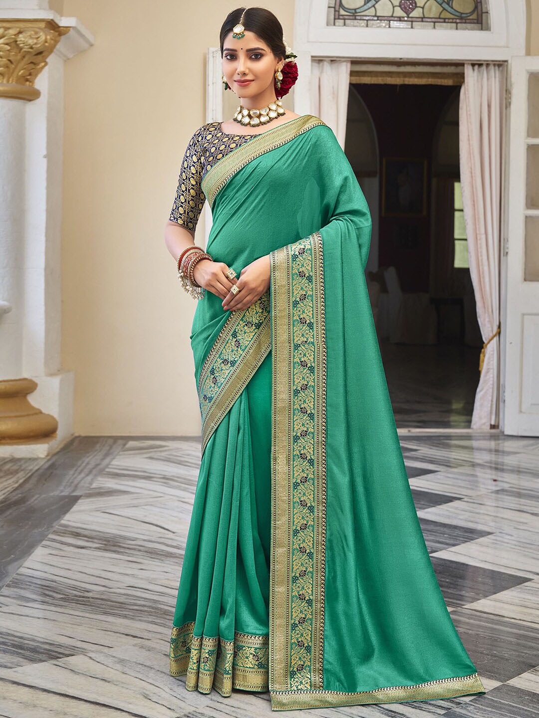 

Satrani Zari Dyed Saree, Green