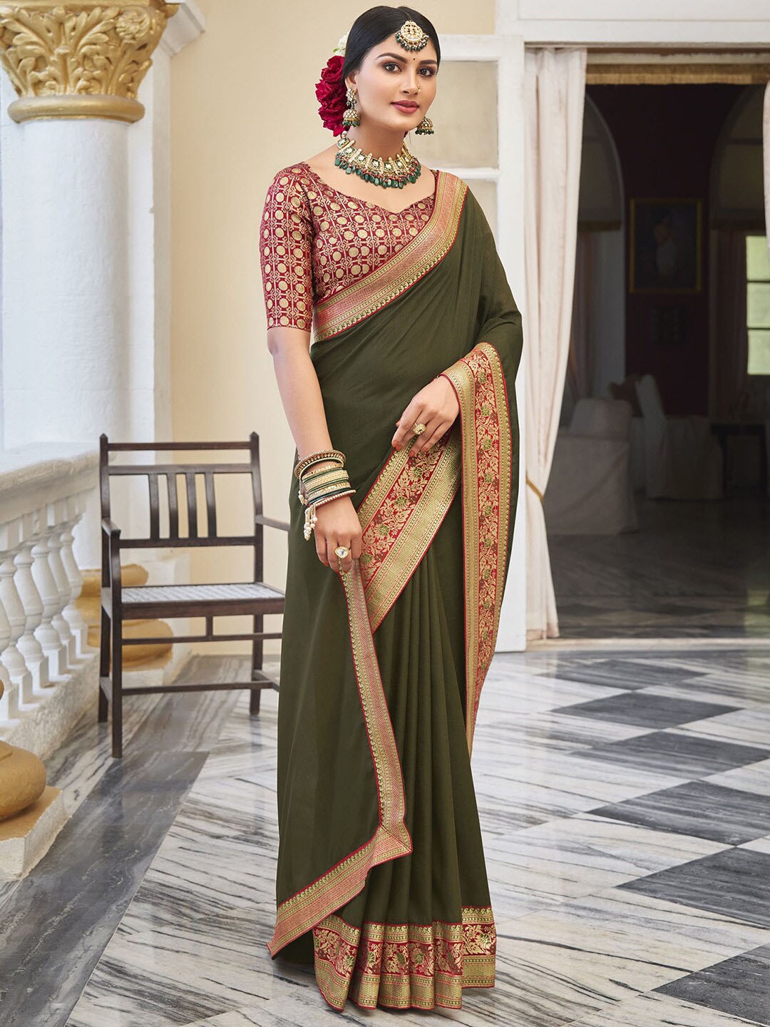 

Satrani Woven Design Zari Saree, Olive