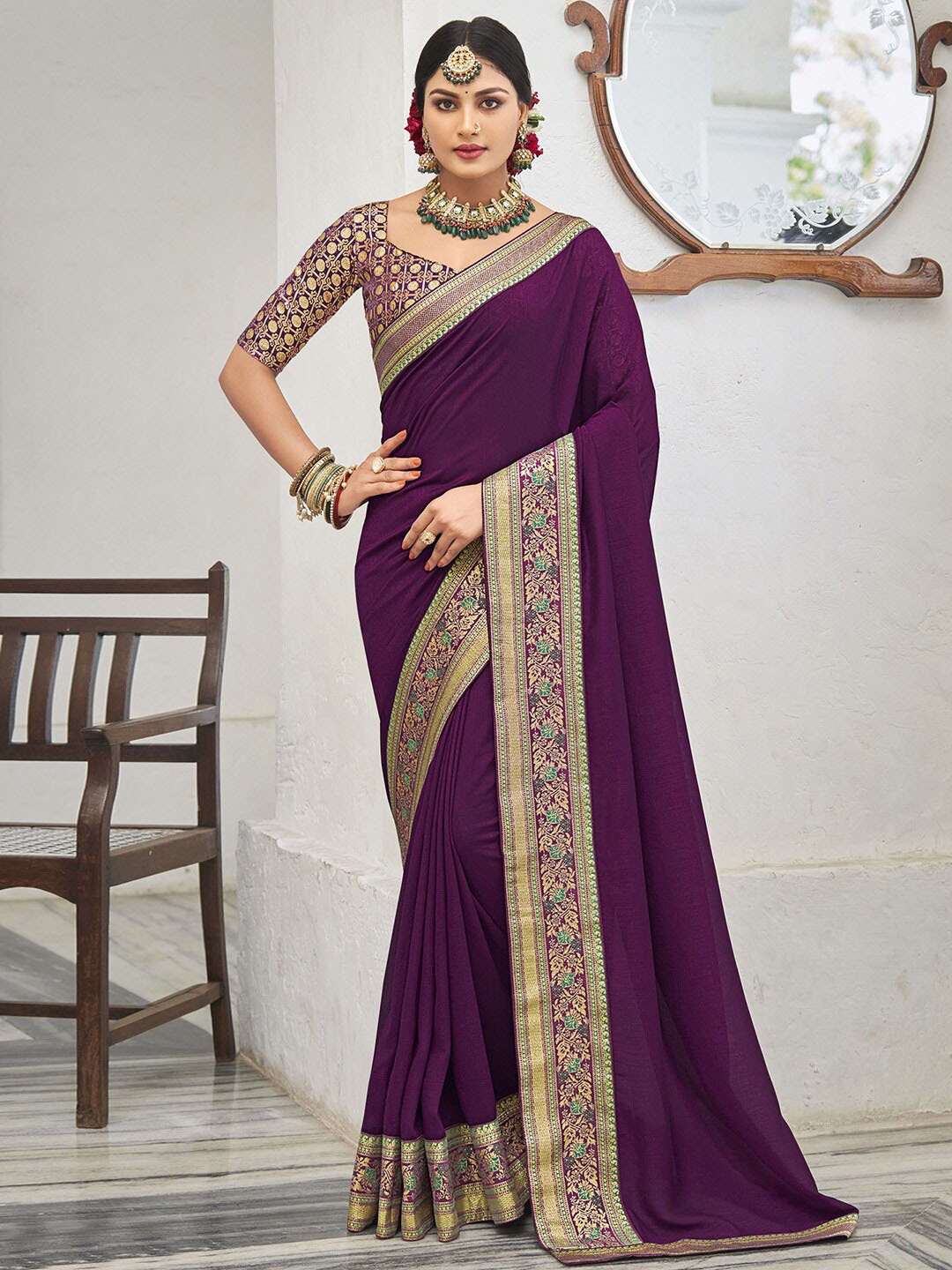 

Satrani Woven Design Zari Saree, Purple