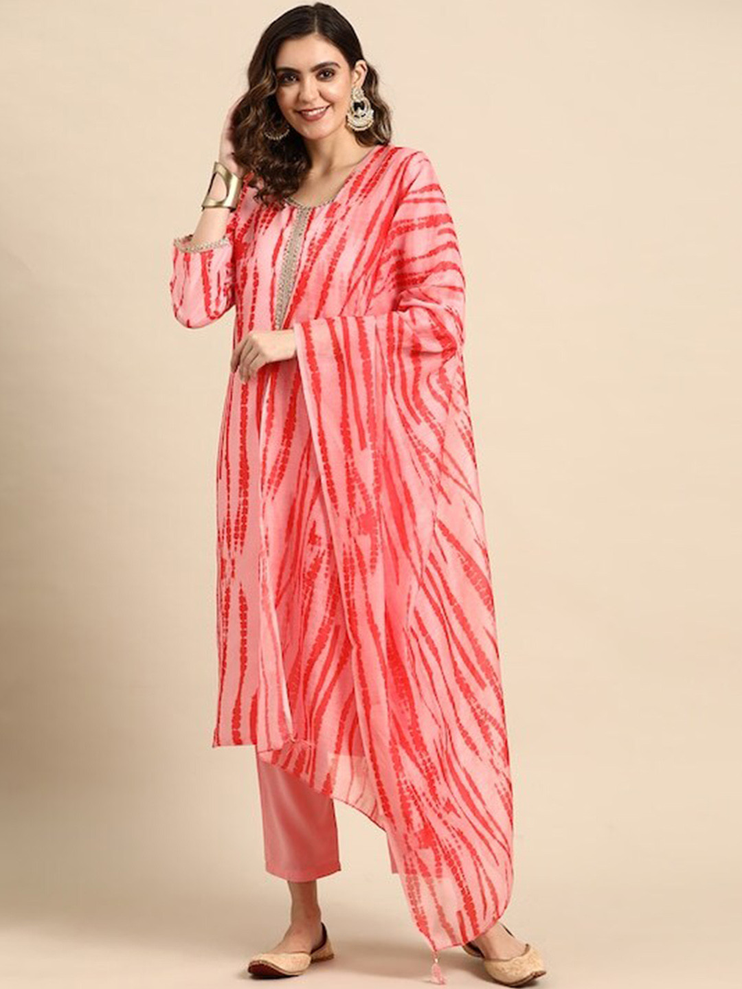 

Sangria Striped Printed Pure Cotton Kurta With Trouser & Dupatta, Peach