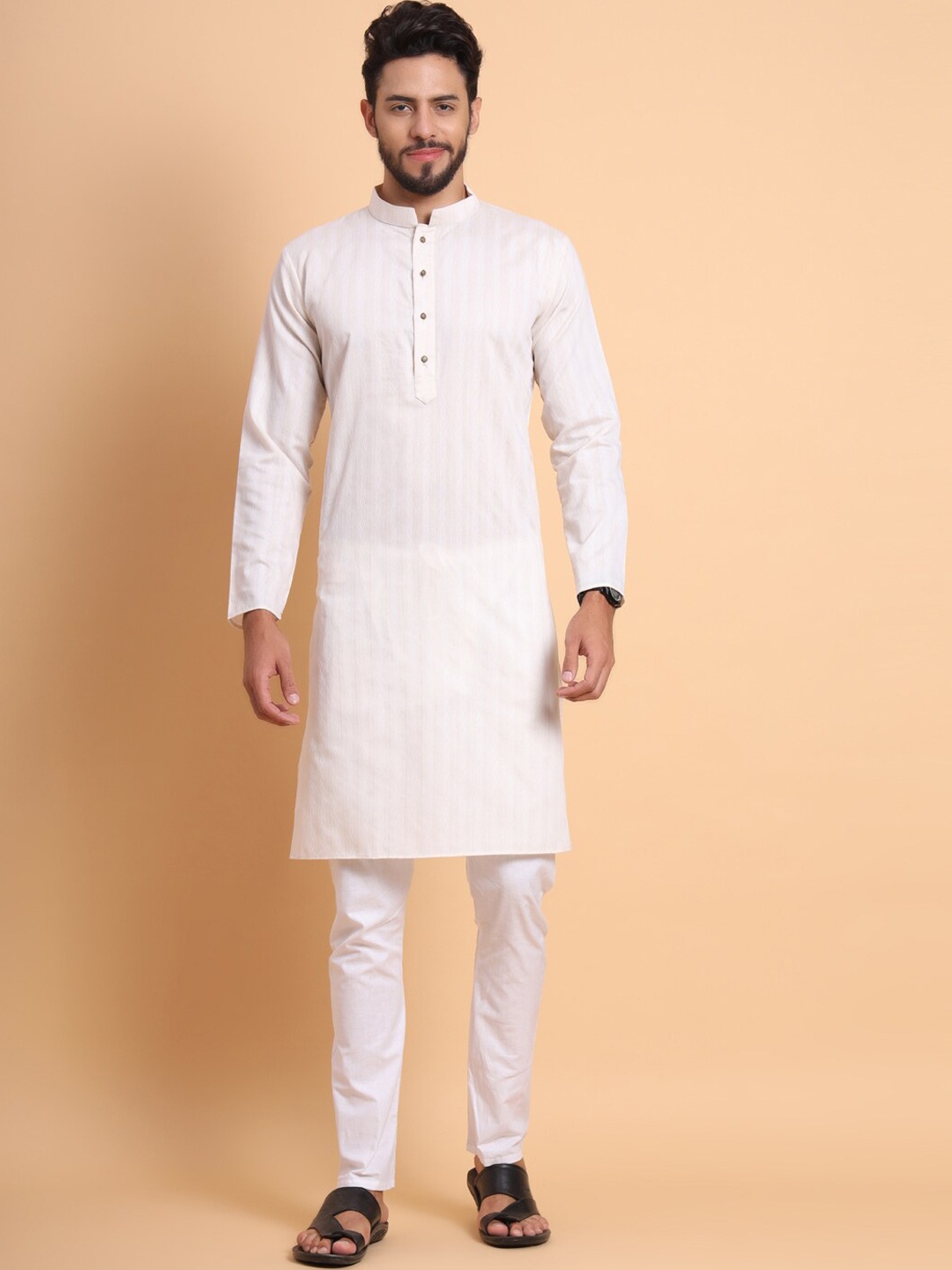 

SWAGG INDIA Striped Woven Design Jacquard Kurta, Cream