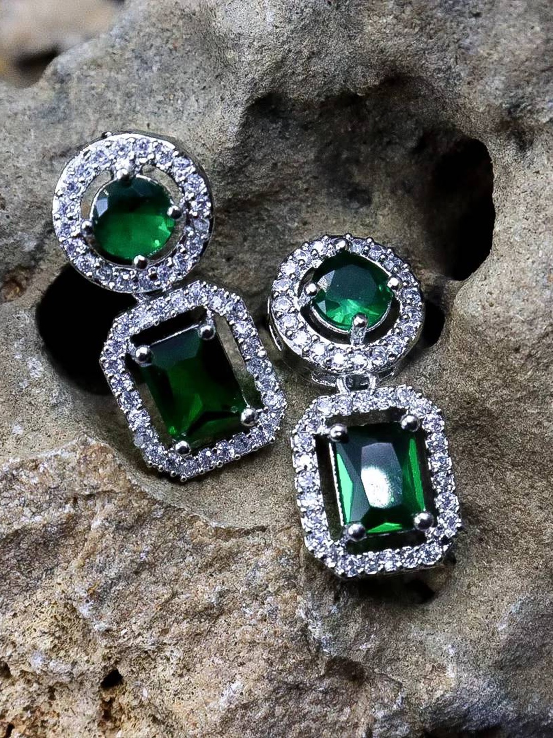 

The Pari Rhodium-Plated American Diamond Studded Drop Earrings, Green