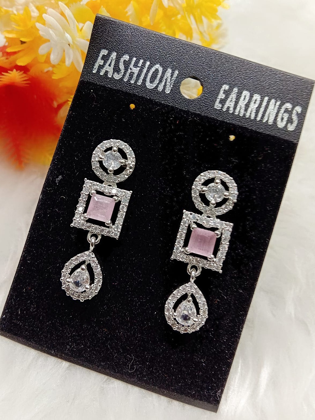 

The Pari Pink Rhodium-Plated Contemporary Drop Earrings, Silver