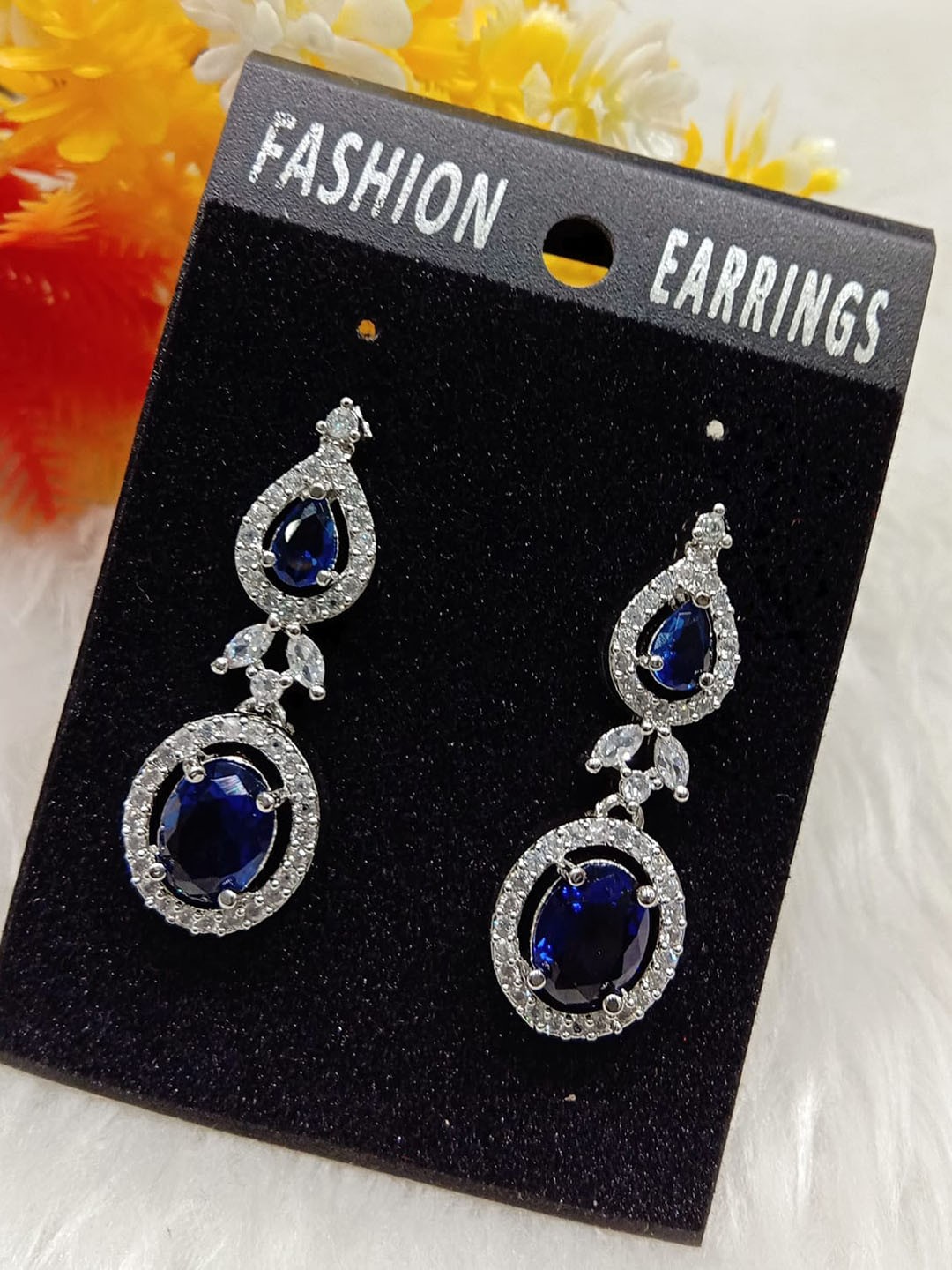 

The Pari Rhodium-Plated American Diamond Studded Contemporary Drop Earrings, Silver