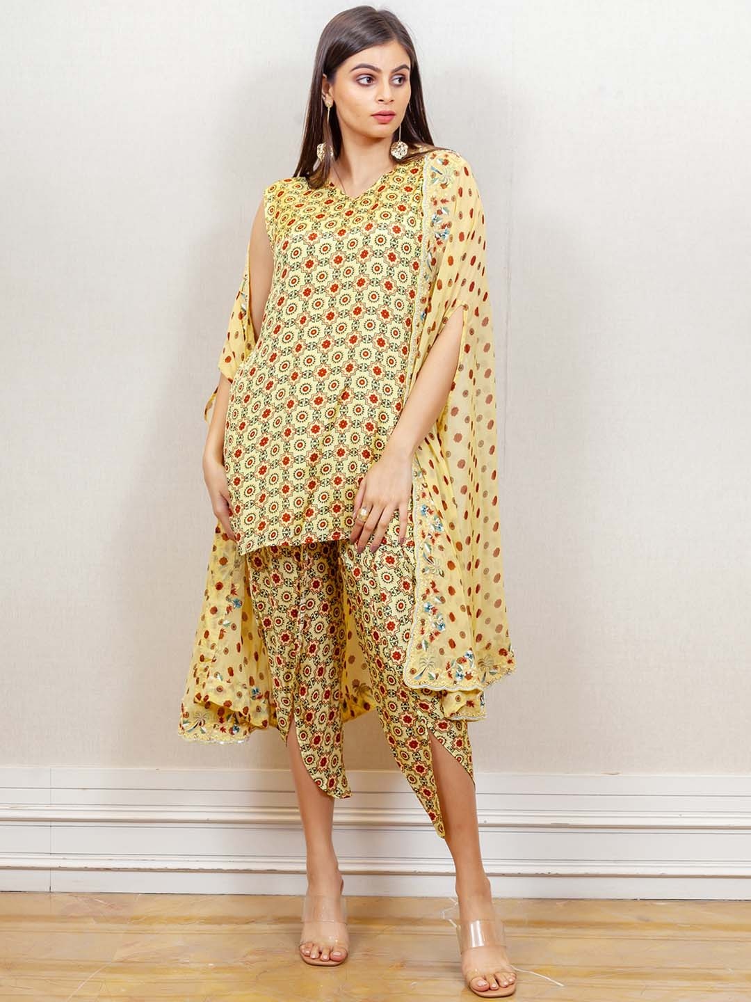 

Simaaya Ethnic Motifs Printed Kurti With Dhoti & Shrug, Yellow