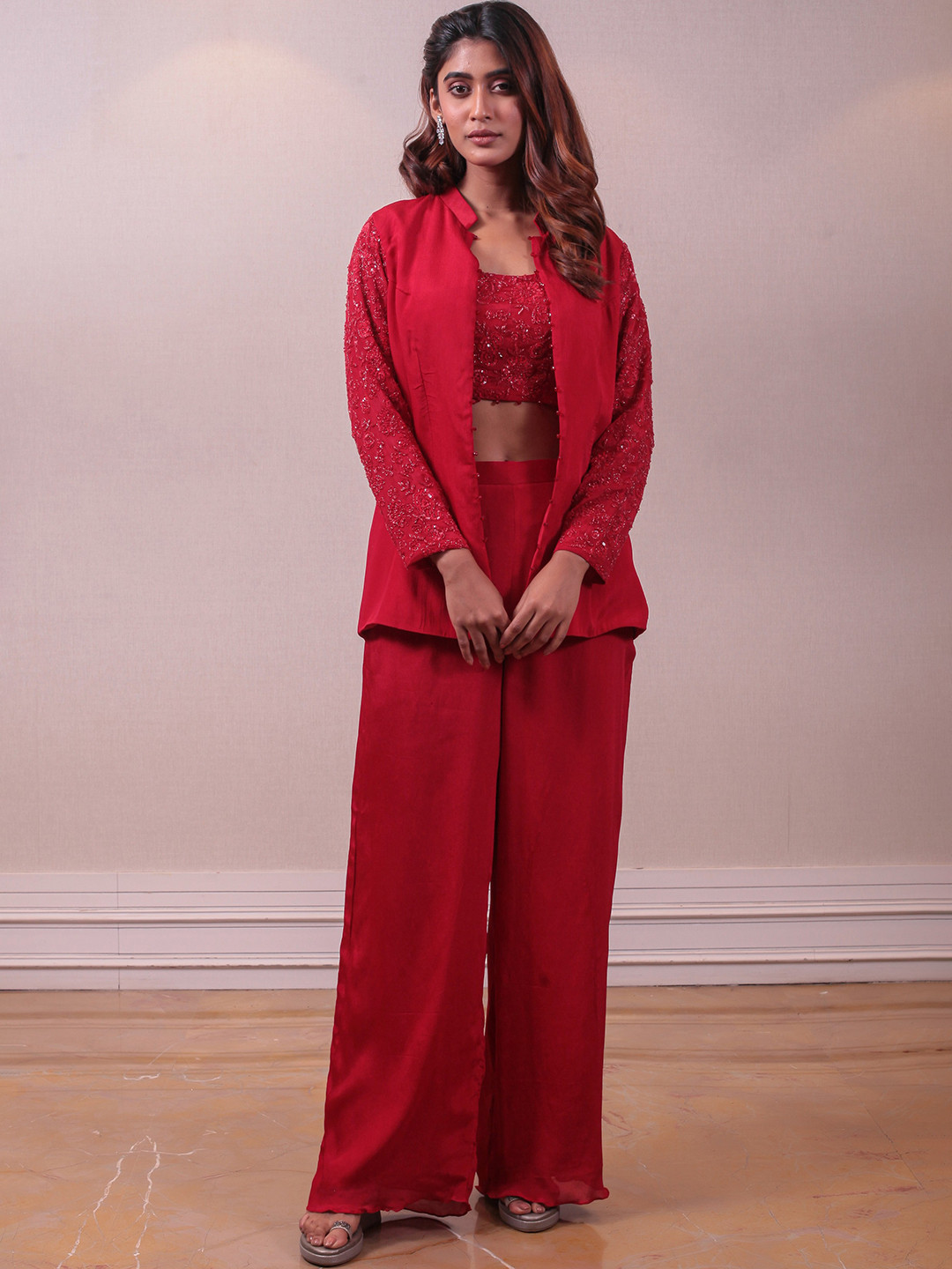 

Simaaya Embellished Crop Pure Silk Tunic With Palazzo & Jacket, Red