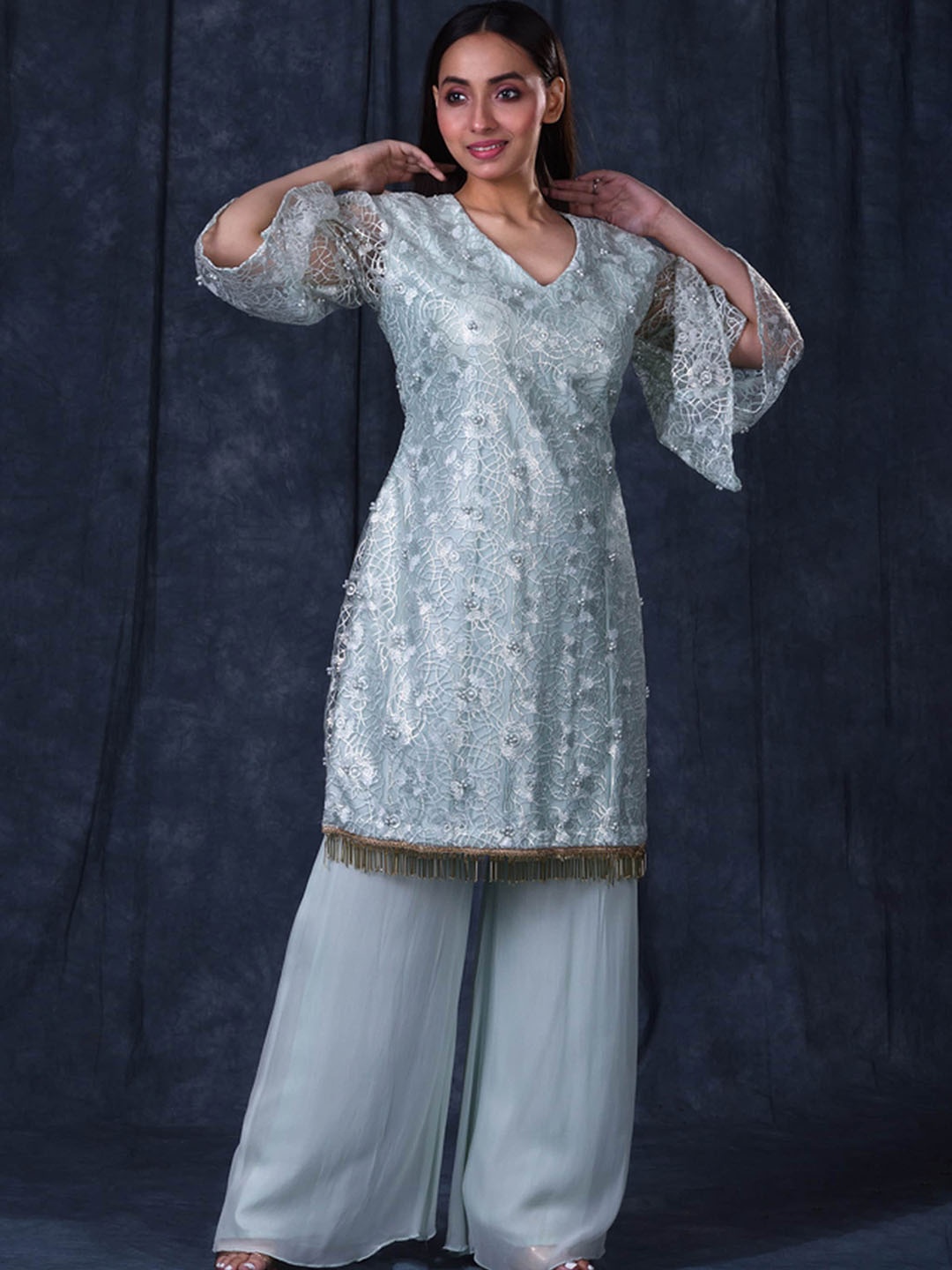 

Simaaya Self Design Pure Silk Kurta With Palazzo, Blue