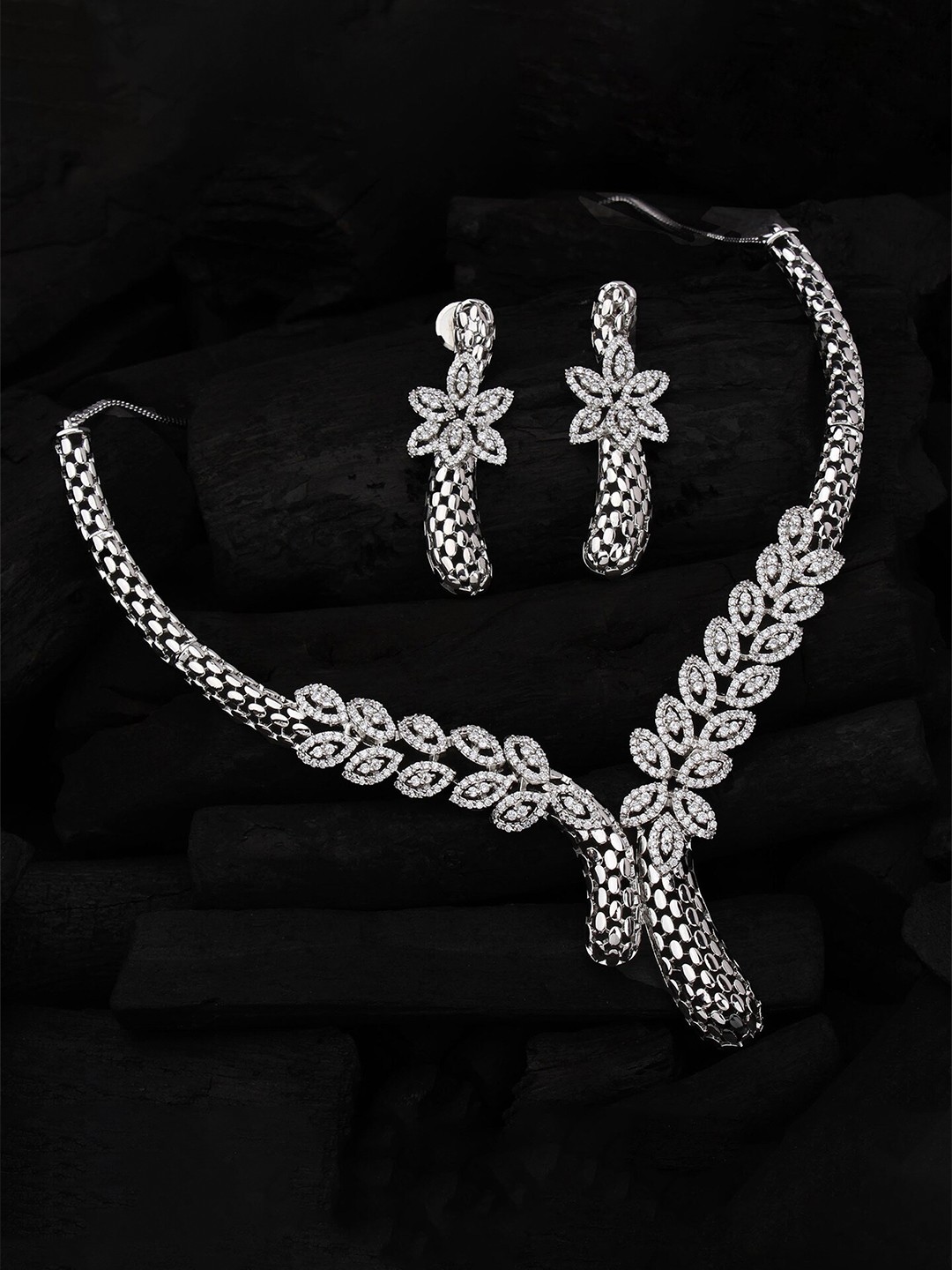 

Mirana Rhodium-Plated Studded Maria Designer Petal Necklace With Earrings, Silver