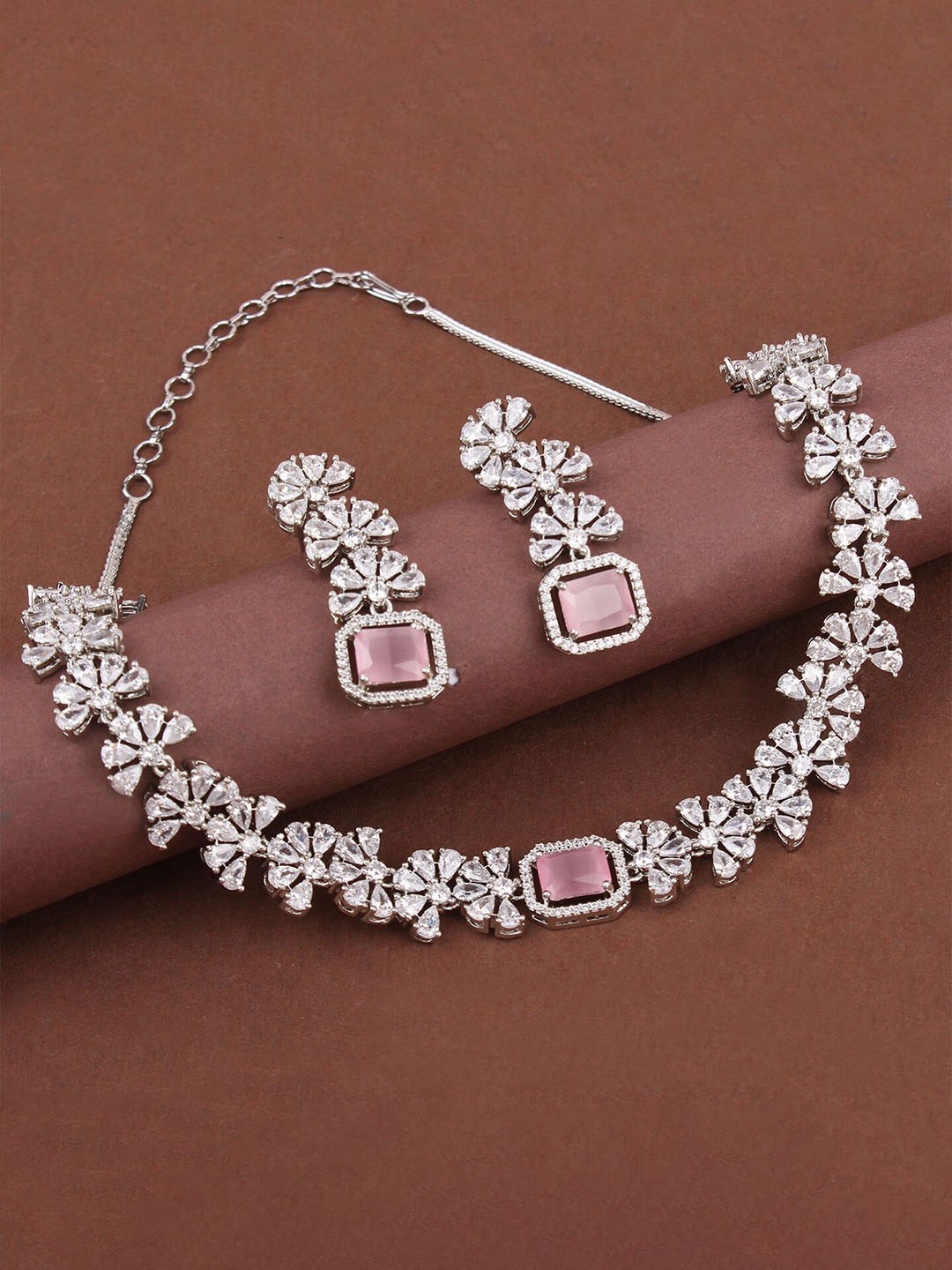 

Mirana Rhodium Plated Designer Amercian Diamonds Studded Necklace Set, Silver