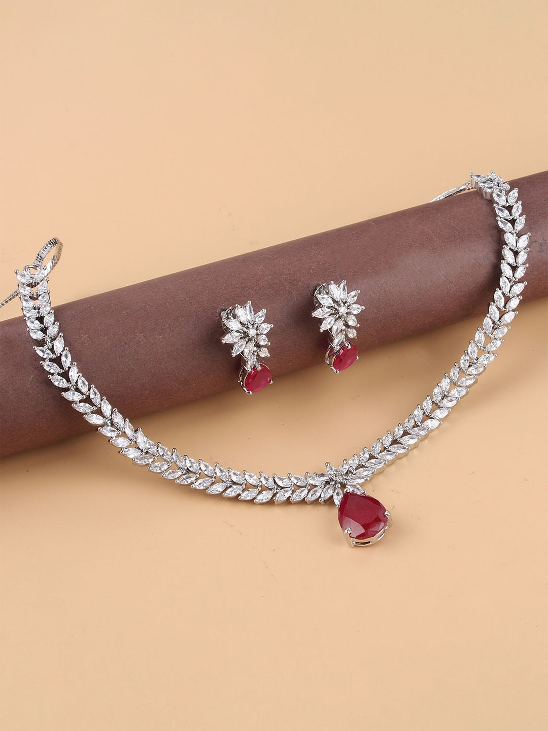 

Mirana Rhodium-Plated Amercian Diamonds Studded V Line Necklace Set, Silver