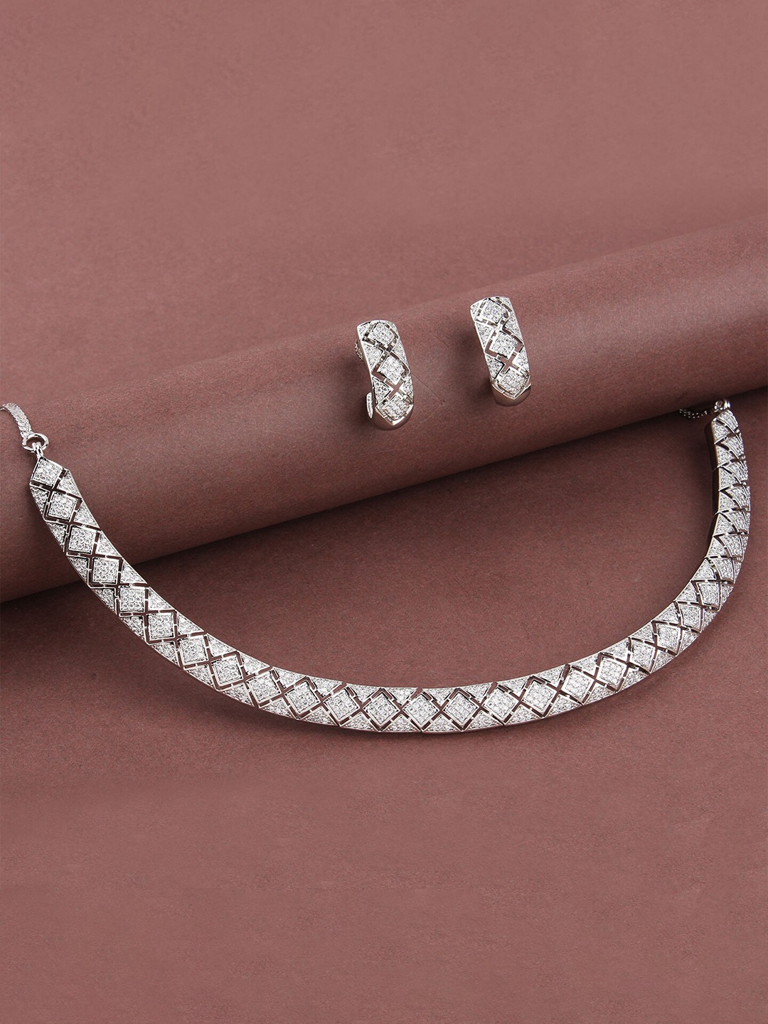 

Mirana Rhodium Plated American Diamond Studded Choker Jewellery Set, Silver