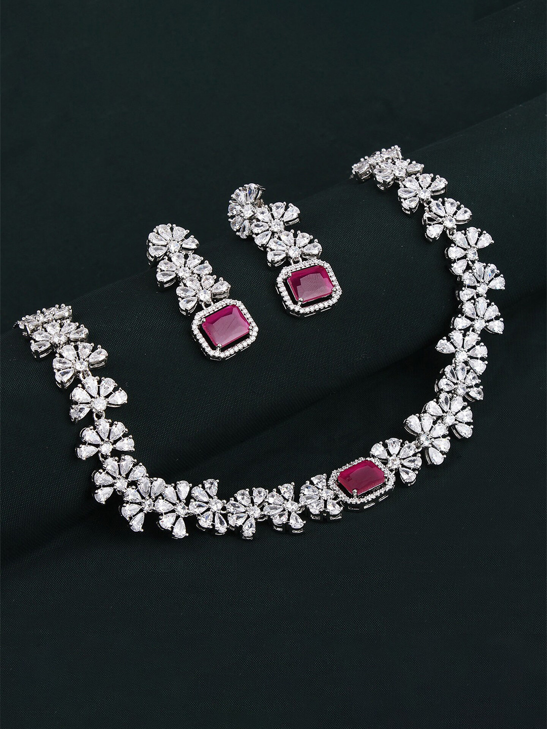 

Mirana Rhodium-Plated Stone-Studded Choker Jewellery Set, Silver