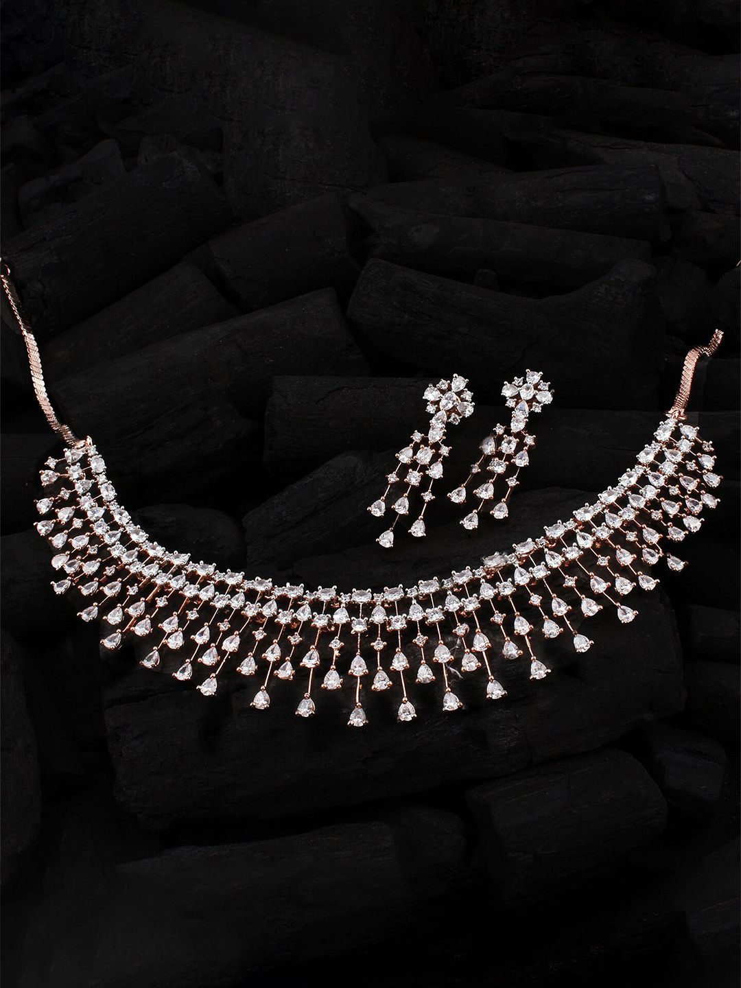 

Mirana Rose Gold-Plated American Diamond Waterfall Necklace Set