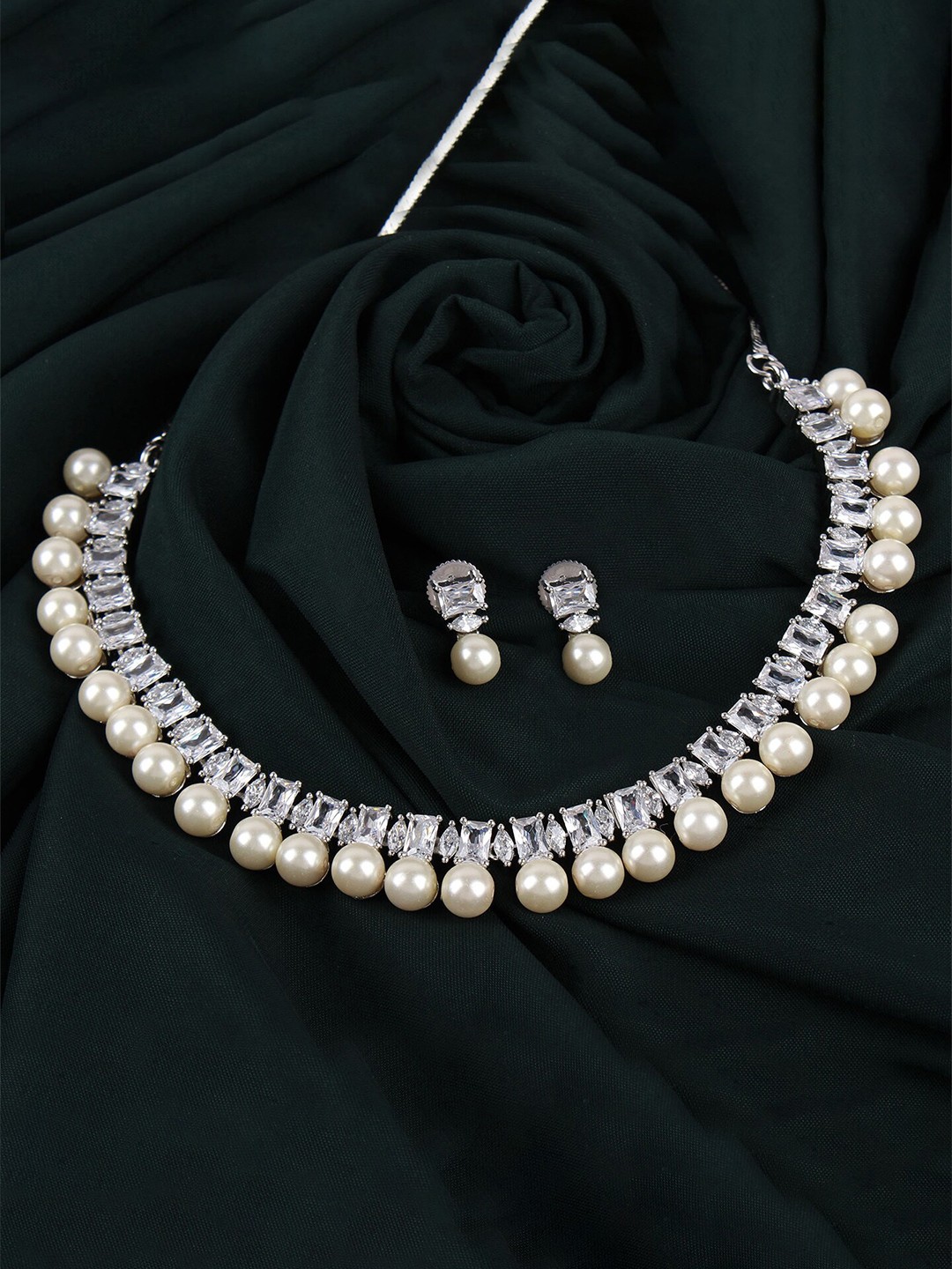 

Mirana Rhodium-Plated Pearl Drop Necklace Set, Silver