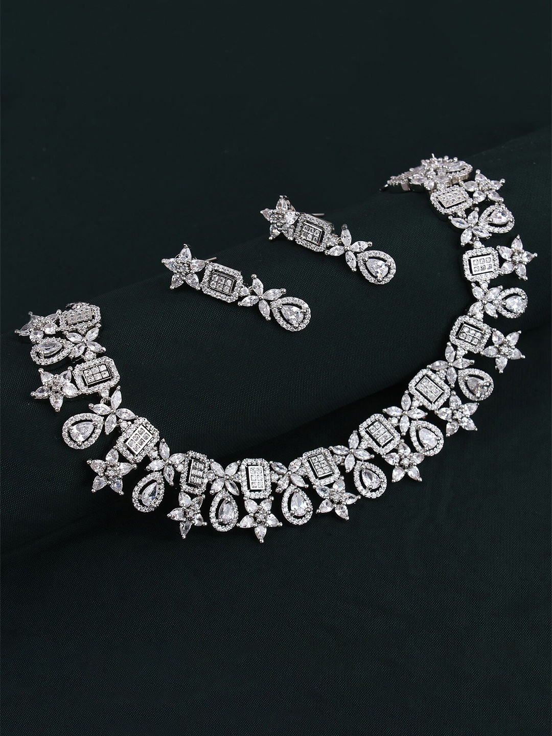 

Mirana Rhodium Plated Aurora Designer Necklace And Earrings, Silver